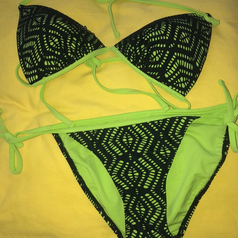 Neon green and black lace padded bikini